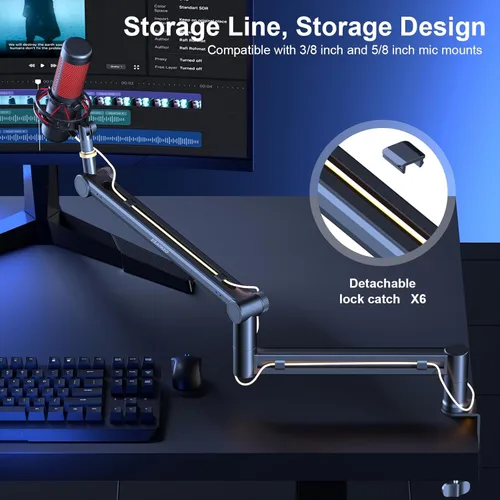 Vista 6 de Brazo de Micrófono, Aokeo AK-58 - Soporte de Brazo de Micrófono de Escritorio de Bajo Perfil Ajustable, Adecuado para Blue Yeti, Snowball iCE