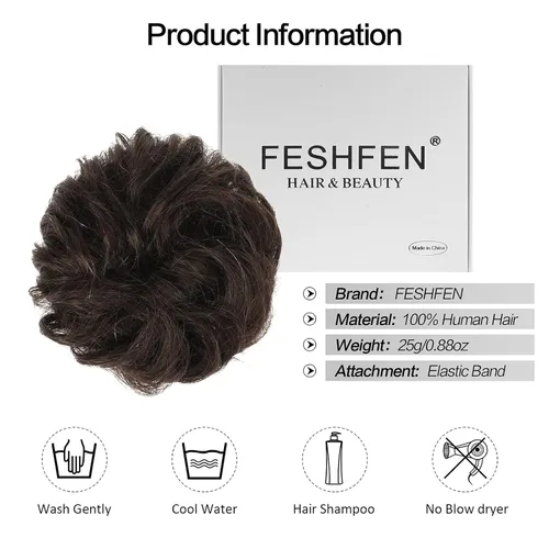 Vista 5 de FESHFEN Moños Desordenados Humanos - 100% Cabello Humano Moño Real Coleteros Piezas de Cabello Extensiones de Cola de Caballo Onduladas Despeinadas