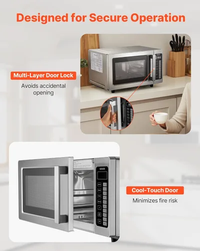 Vista 6 de VEVOR Horno microondas comercial, 0.9 pies cúbicos, 1000W Horno microondas digital de acero inoxidable para encimera con pantalla táctil, 10 ajustes