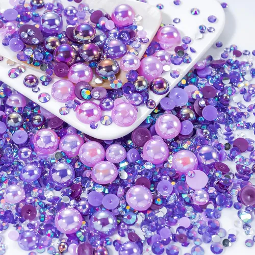 Vista 41 de 60g Perlas de Plata Gris y Diamantes de Imitación para Manualidades Tamaño Mixto 3mm-10mm Color AB Perlas Redondas Mitad Planas y Diamantes