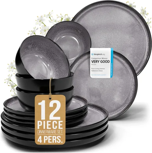 Vista 42 de Juego de vajilla de gres para 4 personas 12 piezas – Juego de platos y cuencos negros mate – Apto para lavavajillas, microondas y resistente a