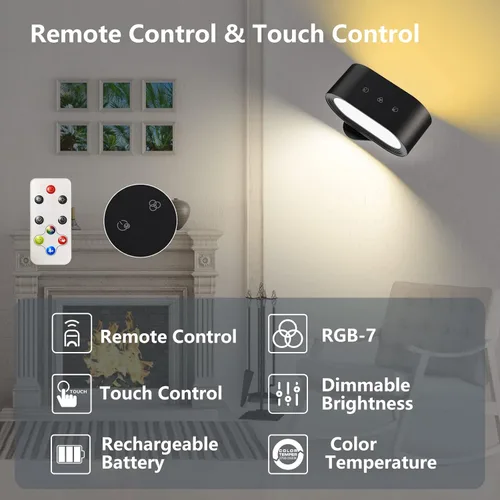 Vista 3 de Kitloo Luces de pared, apliques de pared con pilas, iluminación ambiental RGB, lámpara de pared recargable que cambia de color con 3 temperaturas