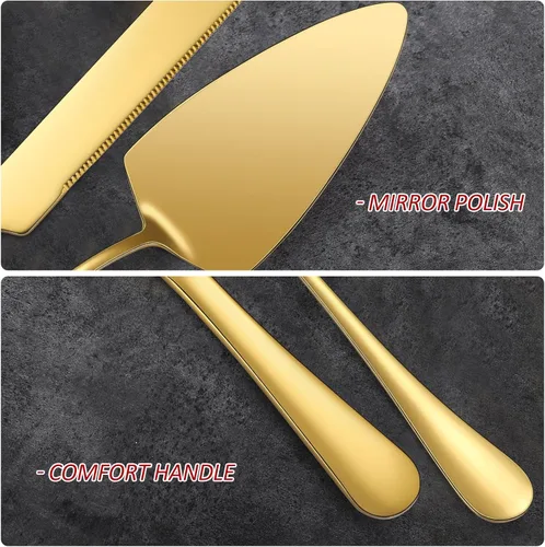 Vista 4 de Juego de corte de pasteles para boda, juegos de cuchillos de pala de pastel fino, elegante cuchillo y servidor con cortador dorado de acero