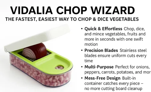 Vista 4 de Vidalia Chop Wizard, Picador de verduras y frutas con base de 2 tazas, cuchillas de acero inoxidable, apto para lavavajillas