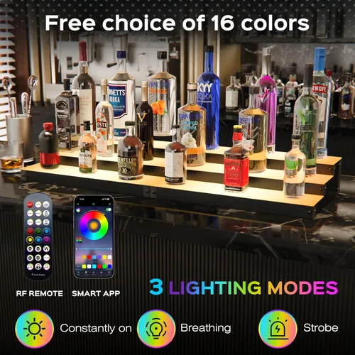 Vista 3 de Paquete de 2 estantes de exhibición de botellas de licor con luz LED, soporte de pared de barra de madera, 15.7 pulgadas, paquete de 2, con control