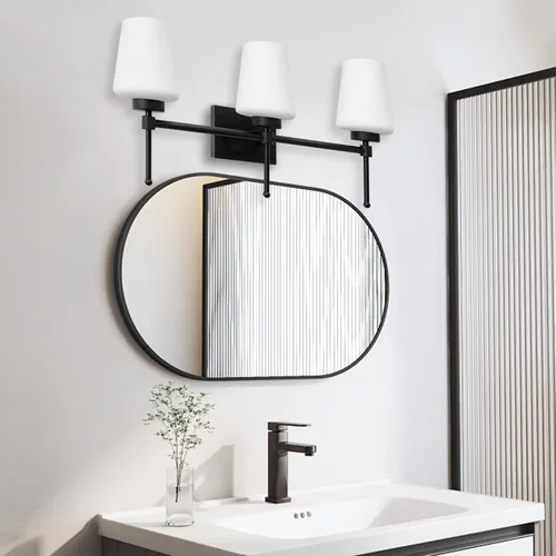 Vista 5 de Lámparas de tocador de baño, color negro cepillado sobre espejo con pantalla de vidrio de leche, lámpara de iluminación de pared, lámpara de baño