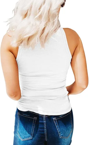Vista 2 de KINLONSAIR - Camiseta sin mangas para mujer estilo casual acanalada básica entallada con botones cuello Henley
