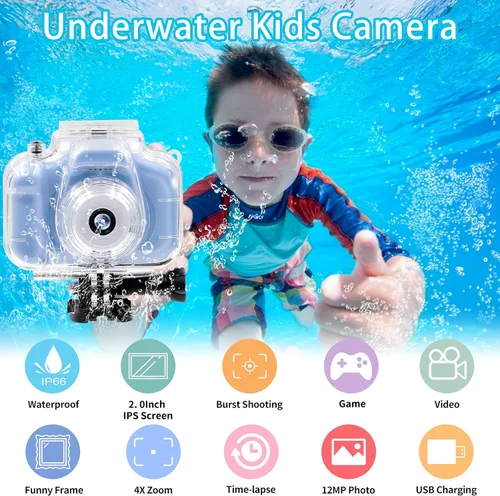 Vista 2 de Cámara impermeable para niños de 3 a 12 años, pantalla IPS de 2 pulgadas, 1080P HD, cámara de video digital para niños, cámaras de acción