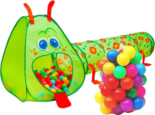 Kiddey Caterpillar Tienda de campaña infantil y túnel de juego para niños con 50 bolas, 2 piezas. Túnel de gateo para bebés, tienda emergente para
