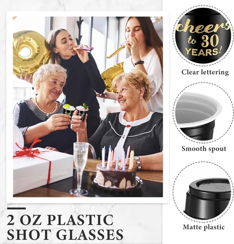 Vista 3 de 100 vasos desechables de plástico de 2 onzas con texto en inglés "Cheers to 30", 40, 50, 60, 70 años, vasos de plástico desechables para cumpleaños