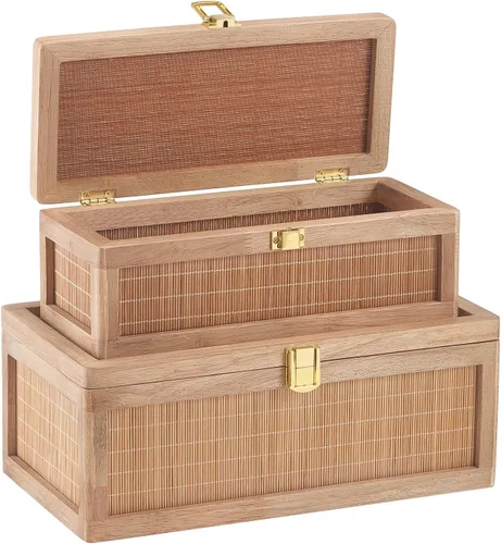 Natural Bamboo Decorative Box with Lids, Unique Decorative Boxes Set of 2, Boho Wedding Keepsake Box, Memory Box with Lid for Crafts, trinkets and