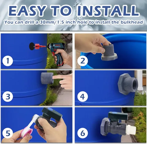 Vista 4 de Kit desviador de barril de lluvia de PVC, kit de espiga de 3/4 pulgadas con accesorio de mamparo, adaptador de manguera (25mm/1" + 16mm/0.63")