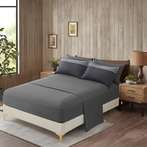 Vista 4 de Anibedding - Juego de 7 piezas cama en una bolsa, edredón negro y gris tamaño full, juego de edredón de microfibra a rayas ligeras para dormitorio