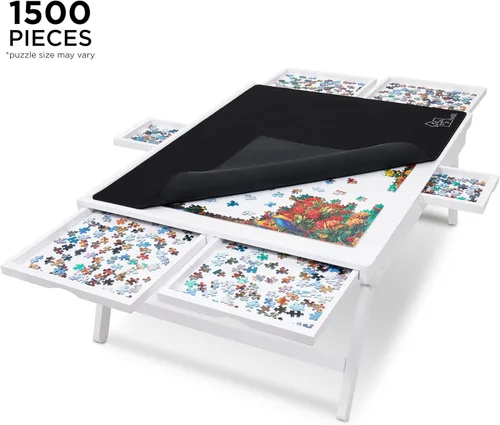 Vista 2 de Jumbl Estante para rompecabezas de 1500 piezas con tapa, mesa de rompecabezas de 27 x 35 pulgadas con patas, 6 cajones de clasificación