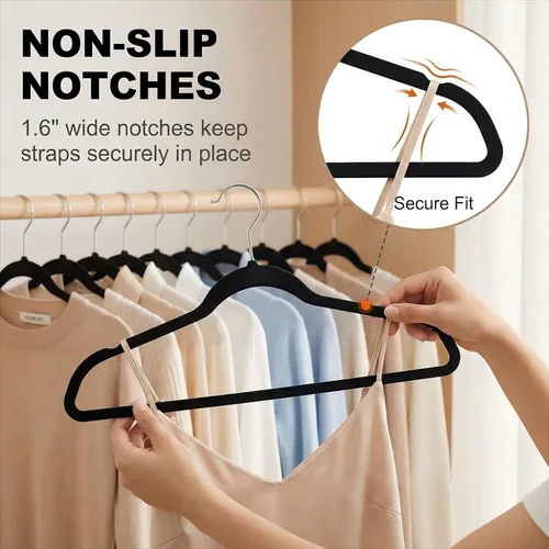 Vista 5 de HOUSE DAY - Paquete de 20 perchas negras de plástico - Perchas resistentes sin terciopelo con gancho giratorio de cromo de 360° y muescas