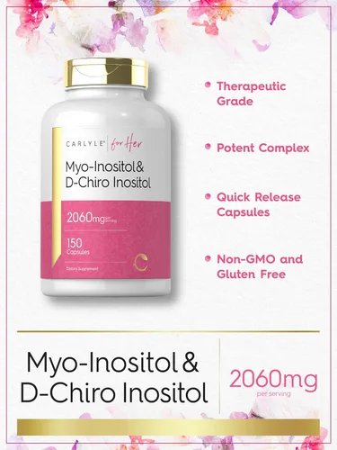 Vista 4 de Carlyle Suplemento de mio-inositol y D-Chiro inositol para mujeres 2060 mg 150 cápsulas Complejo sin OMG, sin gluten