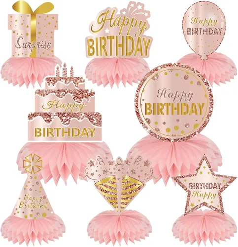 Vista 9 de Turypaty Centros de mesa de panal de abeja para cumpleaños dulce 16 de chicas, 9 piezas de centro de mesa rosado dorado para cumpleaños de 16 años