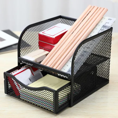 Vista 6 de Multifunctional Desk Pen Organisers Space Saving Desk Organisers With Sliding Drawer Metal Pen Remote Control Holder Metal