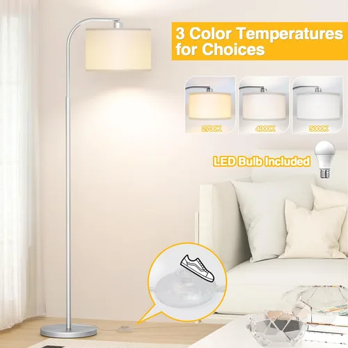 Vista 2 de Lámparas de pie de arco para sala de estar con 3 temperaturas de color, lámpara de pie moderna luz de lectura con bombilla de 9 W incluida, lámpara