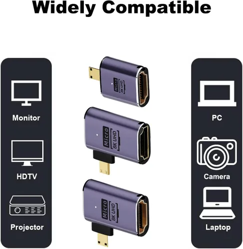 Vista 5 de AreMe Adaptador Micro HDMI a HDMI de 8K (paquete de 3), 90 grados de ángulo izquierdo y recto Micro HDMI macho a HDMI hembra Cable para Sony A6000