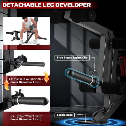 Vista 4 de OPPSDECOR Banco de pesas ajustable con extensión de pierna y rizo de piernas, banco de entrenamiento resistente de 1200 libras para gimnasio