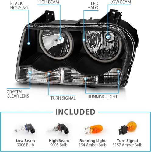 Vista 4 de AmeriLite para 2005-2010 Chrysler 300 [Tipo Halógeno] Juego de conjunto de faros delanteros Xtreme de doble LED Halos negros - Lado del pasajero