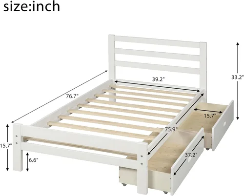 Vista 2 de Merax Marco de cama moderno de madera maciza con cajones, plataforma baja con cabecero, no necesita somier, tamaño individual, color blanco
