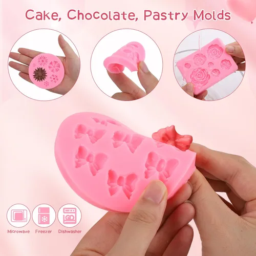 Vista 3 de Pimoys 4 moldes de flores y lazos para chocolate, moldes de chocolate con flores, molde de silicona para pastel, molde de caramelo de silicona
