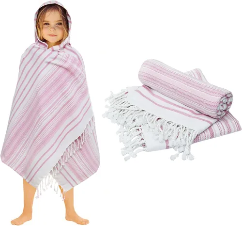 Vista 10 de ORIGINAL KIDS Fouta - Toalla de baño envolvente con capucha y flecos, paquete de 2, 100% algodón, sin arena, ligera, de secado rápido, súper