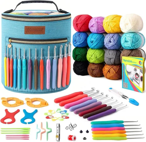 Vista 12 de Yarniss Kits de ganchillo para principiantes, kits de ganchillo todo en uno con hilo de ganchillo de 840 yardas, juego de ganchos de ganchillo Azul