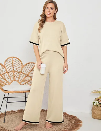 Vista 5 de Faleave Conjunto de suéter de punto de 2 piezas para mujer, manga corta, sin botones, cintura elástica, pantalones de pierna ancha, conjunto