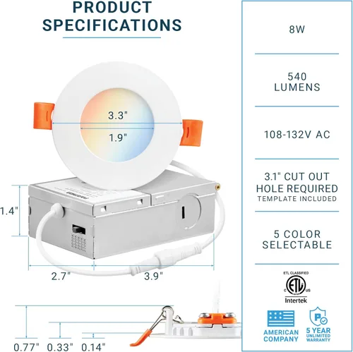 Vista 3 de PARMIDA - Paquete de 6 luces LED empotrables ultrafinas de 3 pulgadas 5CCT con caja de conexiones, 5 colores seleccionables