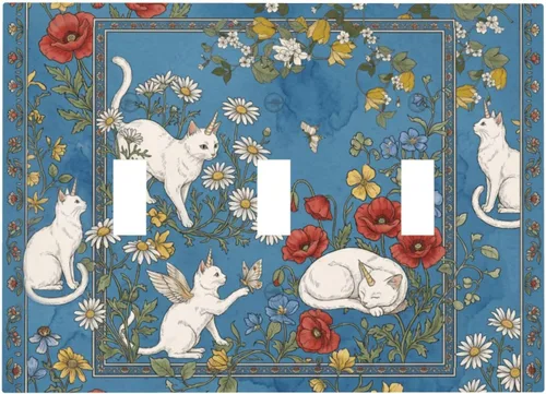 Vista 25 de Cubiertas decorativas para tomacorrientes, fondo azul, gato blanco, margarita, floral, 2 bandas, placa de pared de 1 banda, interruptor de luz
