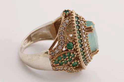 Vista 8 de Joyería turca hecha a mano con forma de marquesa aguamarina y esmeralda de corte redondo Topacio 925 Anillo de plata esterlina tamaño todos