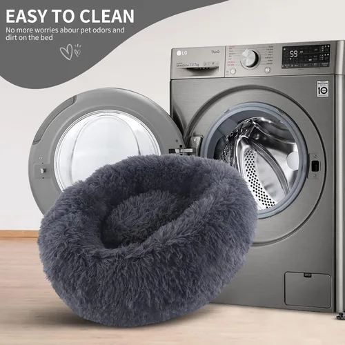 Vista 4 de ZEJEUER Cama para gatos, cama para perros pequeños, redonda en forma de dona, lavable, de felpa y pelo sintético, camas acolchadas suaves