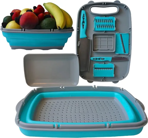 Tabla de cortar con colador plegable 10 en 1, juego multiusos, resistente, compacta, ahorra espacio, fácil limpieza, lavable a máquina, ideal para