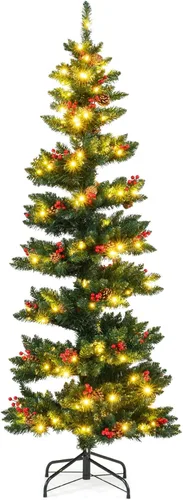 Vista 13 de Goplus Árbol de Navidad de 6.5 pies preiluminado de color azul, delgado, árbol de Navidad artificial con bisagras con 200 luces LED blancas cálidas