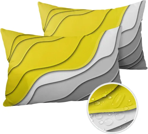 Vista 21 de Fundas de almohada modernas impermeables para exteriores, diseño abstracto de ondas amarillas, grises, decorativas, decorativas, degradado, paquete