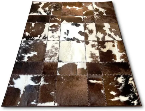 Just Cowhide Alfombra hecha a mano de retazos de piel de vaca tricolor cosida a mano a mano de cuero de primera calidad para sala de estar, pelo
