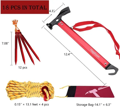 Vista 2 de Haploon Paquete de 12 estacas y martillos para tienda, kit de accesorios de campamento, martillo de estaca de aluminio para tienda de campaña