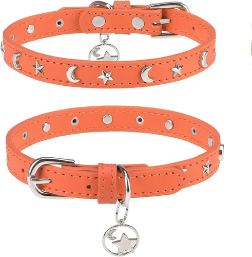 Vista 12 de Collar de cuero para perros pequeños y medianos, collar ajustable con remache de estrella y luna con hebilla de metal inoxidable y dijes, collares