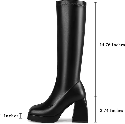 Vista 2 de DOBOYG Botas altas hasta la rodilla para mujer, botas de plataforma, tacón grueso de bloque elástico, punta cuadrada, botas altas de charol