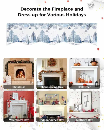 Vista 7 de Mantel con diseño de copo de nieve azul para chimenea de Navidad, bufanda para repisa, estola para estantes, renos, alces, nieve, bosque, cubierta