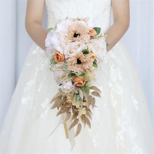Vista 10 de Ramos de boda para novia, ramo en cascada para novia, boda, flores artificiales, ramo romántico rústico de boda (ramo naranja champán)
