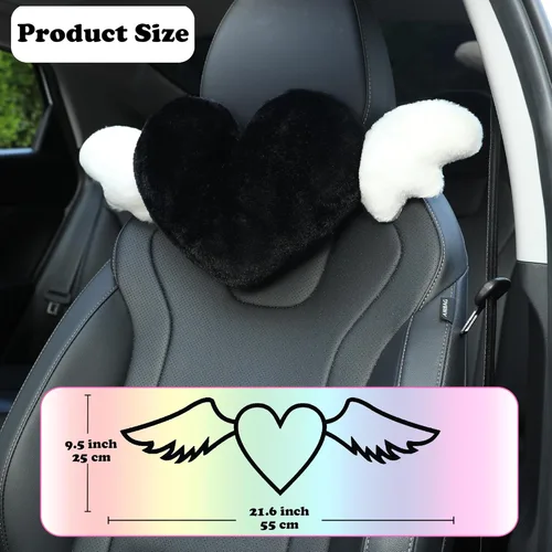 Vista 2 de Paquete de 2 almohadas para reposacabezas de automóvil en forma de corazón con alas de ángel, cómodo cojín suave para reposacabezas kawaii