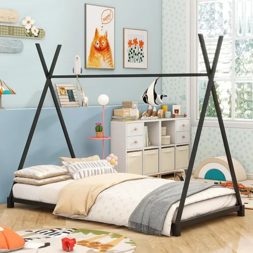 Vista 29 de SOFTSEA Cama de metal individual, plataforma de metal con tablillas, plataforma de cama con forma de triángulo doble para niños (negro)