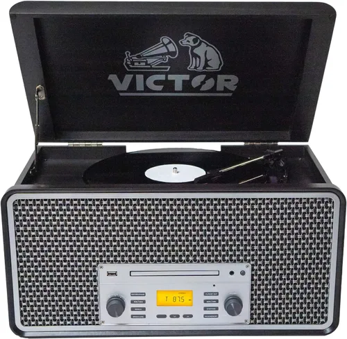 VICTOR Monument - Centro de música giratorio 8 en 1 con reproductor de discos de 3 velocidades, reproductor de CD/MP3/cassette, radio AM/FM, entrada