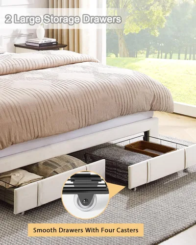 Vista 6 de Marco de Cama Queen, Cama de Plataforma LED Tapizada en Terciopelo con Almacenamiento en Cabecero, Cama Queen con Estación de Carga Integrada con 2