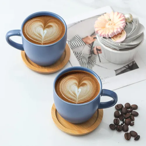 Vista 4 de Juego de 6 tazas de café expreso y platillos de Hasense, tazas demitasses con asa para bebidas de café, café con leche, capuchino, café moca y té
