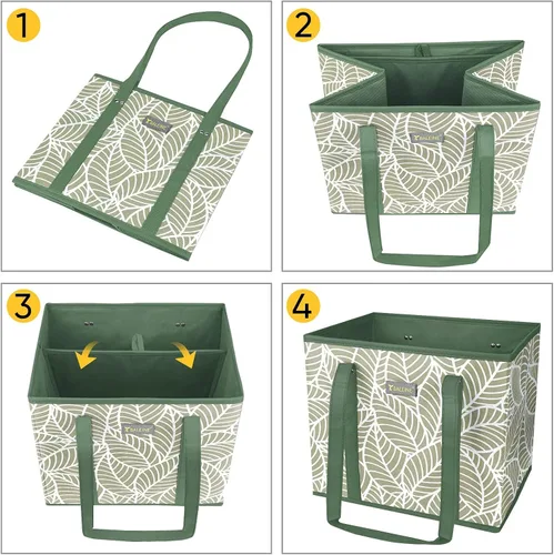 Vista 7 de BALEINE Paquete de 3 bolsas reutilizables para comestibles, bolsas de compras plegables para comestibles con parte inferior reforzada y asas Follaje